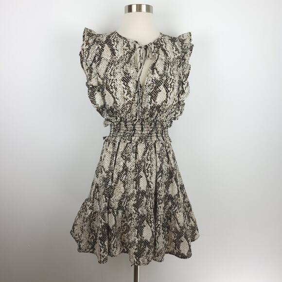 Karlie Sleeveless Snake Print Ruffle Mini Dress V Neck Brown Black Size Small - Picture 1 of 10